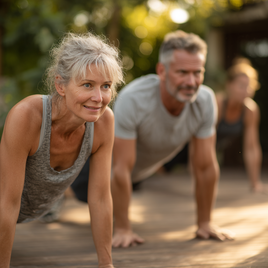 Middle-aged adults performing functional fitness exercises in natural environment